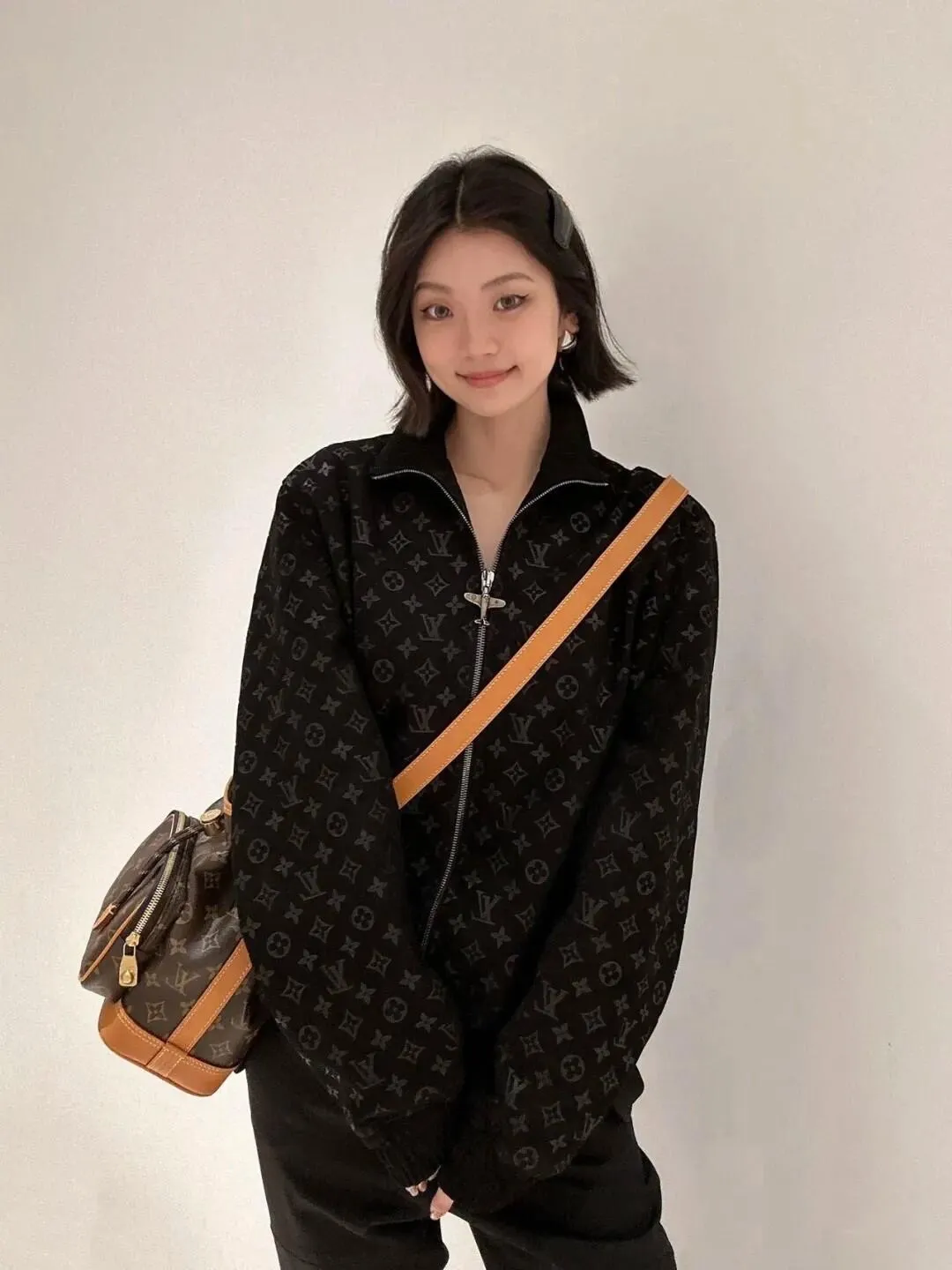 Louis Vuitton/Louis Vuitton aircraft button all-over printed embossed suede stand-collar jacket